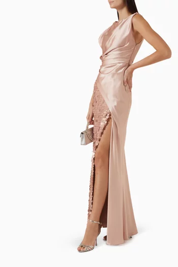 Asymmetrical Sequin-embellished Dress in Satin
