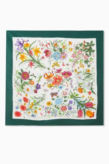 وشاح مربع مزين بنقشة زهور حرير تويل