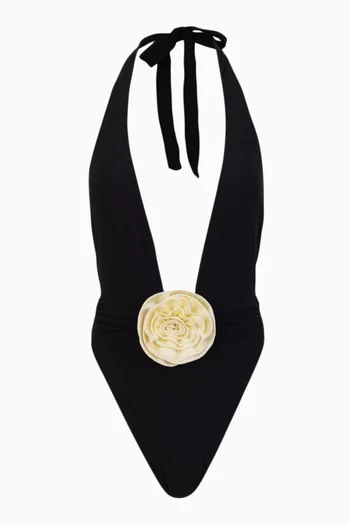 لباس سباحة قطعة واحدة بفتحة رقبة V مزينة بوردة