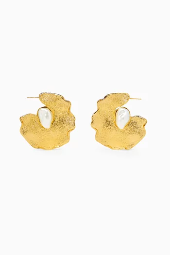 Pearl Lily Pad Earrings in Gold-tone Brass