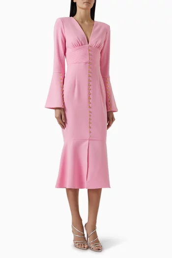 Salma Fluted-sleeve Midi Dress in Crepe