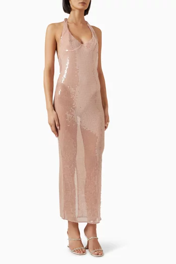 فستان كورالي مطرز بالترتر قماش شبكي