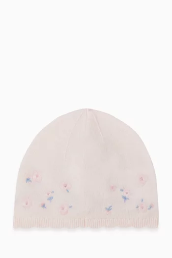 Floral Embroidered Beanie Hat in Wool Blend