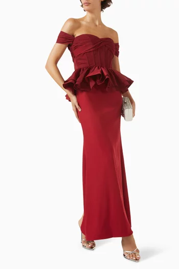 Off-shoulder Peplum Dress in Faille