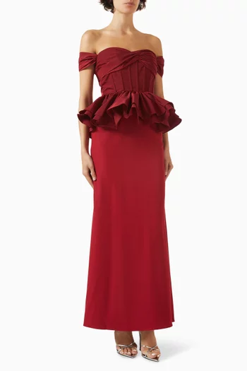 Off-shoulder Peplum Dress in Faille