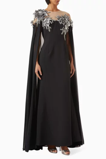 3D Flowers Cape Gown in Crepe & Chiffon