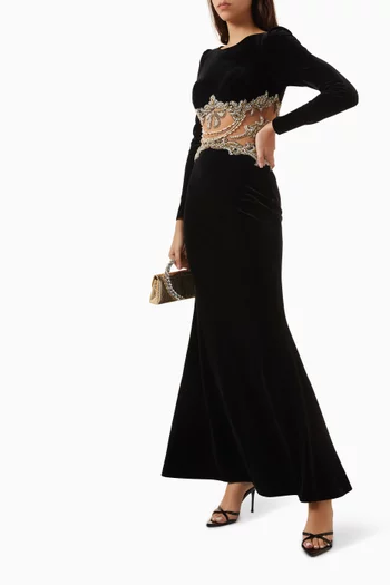 Sheer Embellished Maxi Dress in Velvet