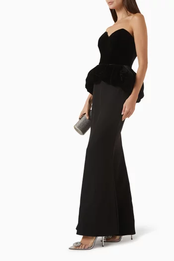 Strapless Peplum Gown in Velvet & Crepe