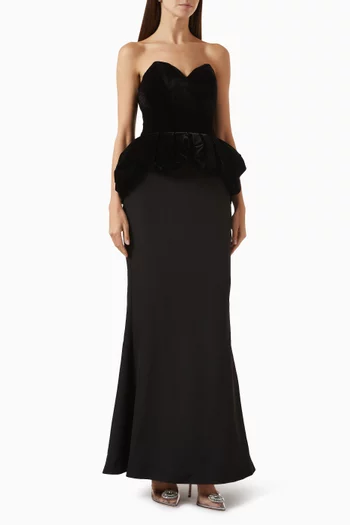 Strapless Peplum Gown in Velvet & Crepe
