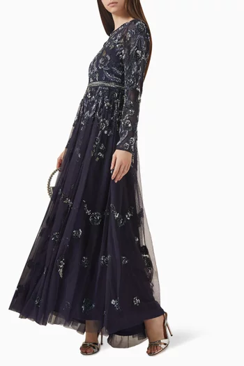 Floral Beaded Gown in Mesh