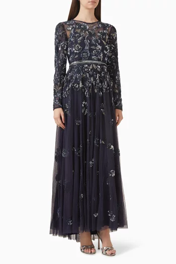 Floral Beaded Gown in Mesh