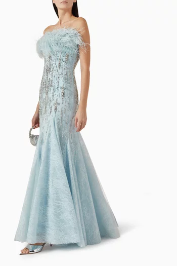 Strapless Feather-embellished Mermaid Gown