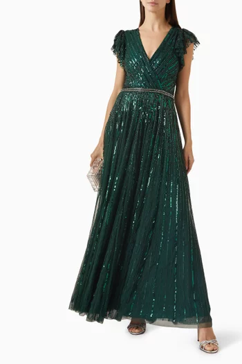 Sequined Wrap Over Ruffled Gown