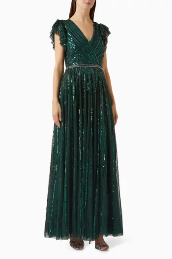 Sequined Wrap Over Ruffled Gown