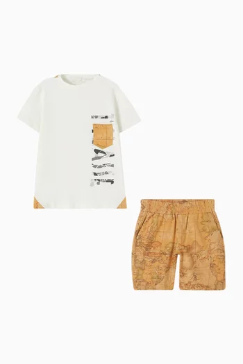 Map-print T-shirt & Shorts Set in Cotton