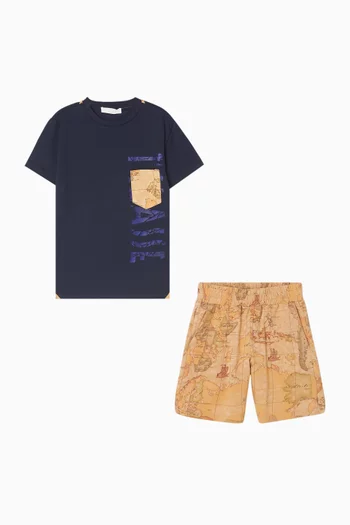 Map-print T-shirt & Shorts Set in Cotton