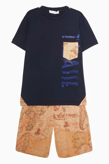 Map-print T-shirt & Shorts Set in Cotton