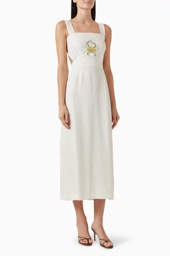 Crab Embroidered Backless Maxi Dress in Linen