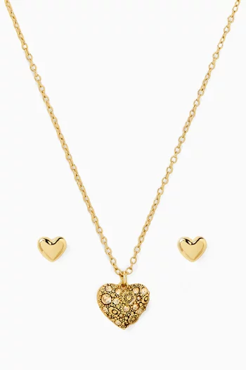 Heart Necklace & Earrings Set in Plated Brass