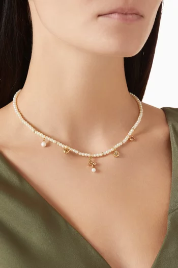 Cat Charm Pearl Necklace  in Plated Brass