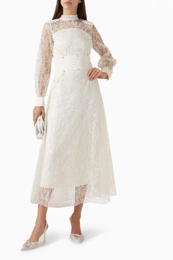 Pleated Belt-detail Midi Dress in Lace & Satin