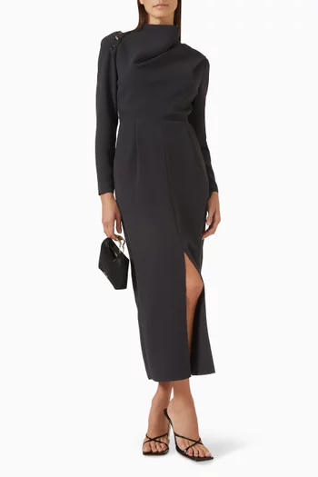 فستان متوسط الطول بفتحة وأزرار