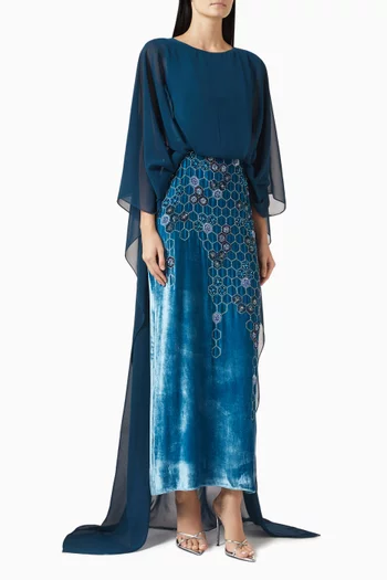 فستان هوني كوم طويل بتصميم خلية نحل مطرزة