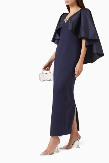 Stone-embellished Taffeta Cape Maxi Dress in Crepe