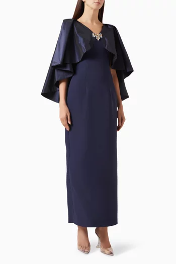 Stone-embellished Taffeta Cape Maxi Dress in Crepe