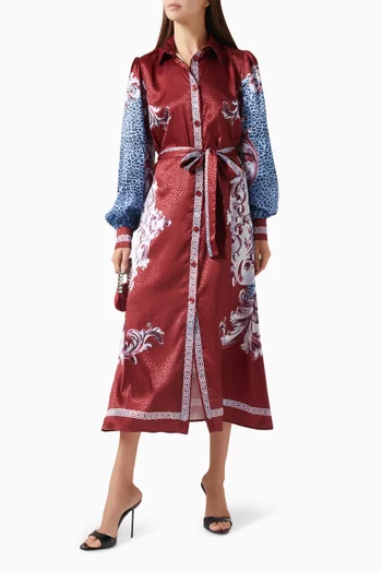 Printed Belted Midi Shirt Dress in Satin