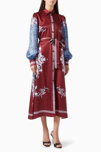 Printed Belted Midi Shirt Dress in Satin