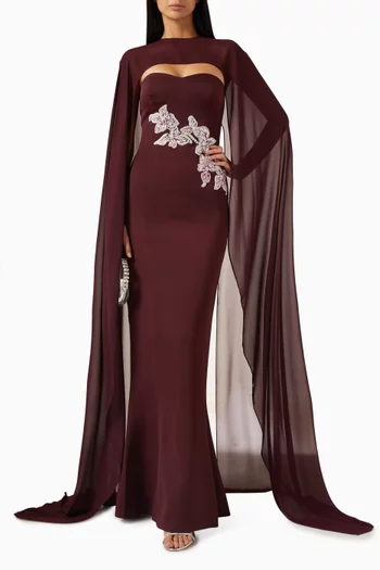 Embellished Cape-sleeve Gown in Viscose