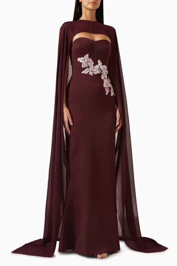 Embellished Cape-sleeve Gown in Viscose