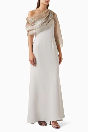 فستان مزين بدرابيه وتطريزات كريب