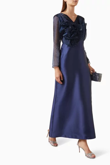 فستان مزين بزهور بارزة ستان