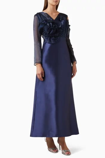 فستان مزين بزهور بارزة ستان