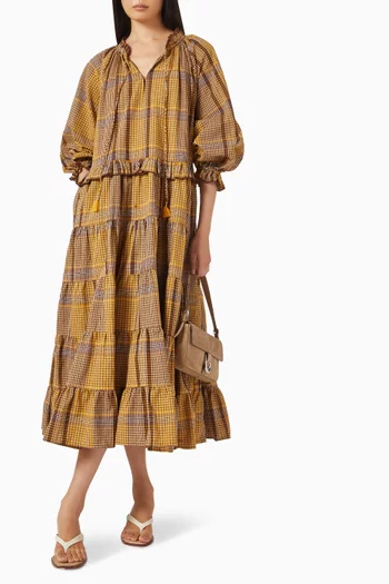 فستان طويل بنقشة مربعات قطن