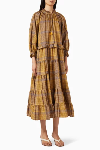 فستان طويل بنقشة مربعات قطن