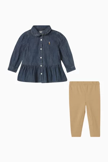 طقم لغينغز وقميص بحافة على شكل جرس دينم وجيرسيه