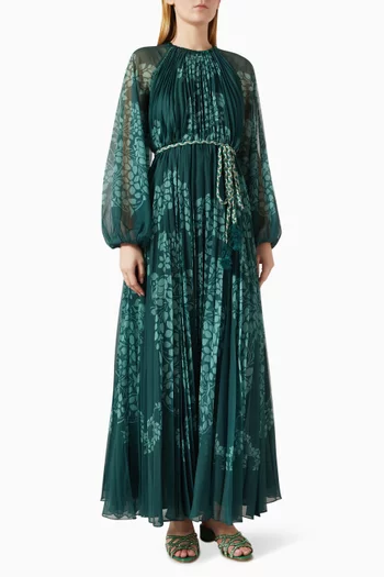 فستان اولفيرا طويل بحزام ونقشة شيفون