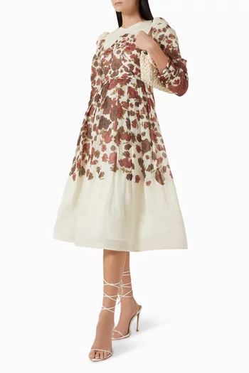 فستان ليوني متوسط الطول بنقشة زهور مزيج حرير