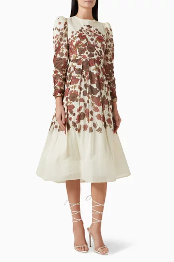 فستان ليوني متوسط الطول بنقشة زهور مزيج حرير