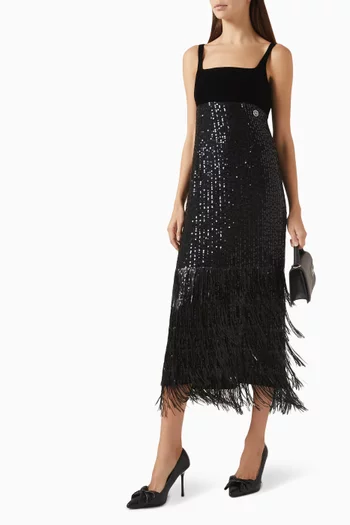 Sequin-embellished Fringed Midi Dress