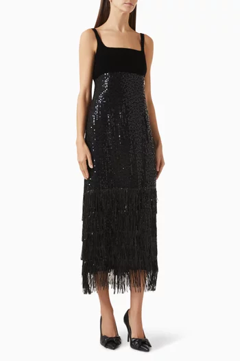 Sequin-embellished Fringed Midi Dress