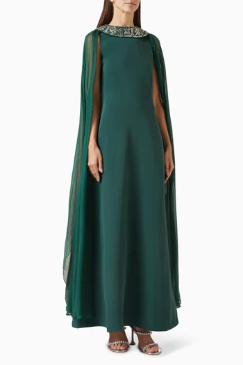 Embellished Cape-sleeve Maxi Dress in Crepe