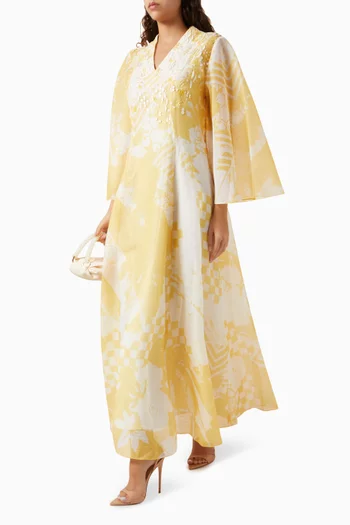 فستان درو بفتحة رقبة على شكل حرف V‏ ومطرز أورجانزا