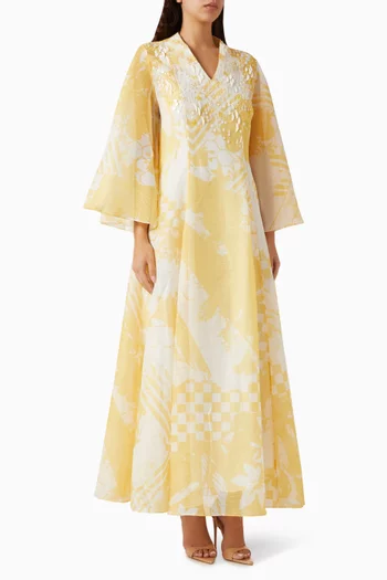 فستان درو بفتحة رقبة على شكل حرف V‏ ومطرز أورجانزا