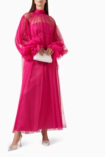 Flowing High-neck Midi Dress in Tulle & Taffeta