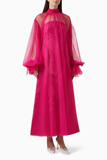 Flowing High-neck Midi Dress in Tulle & Taffeta