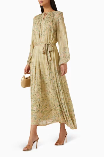 فستان متوسط الطول بحزام مزين بنقشة